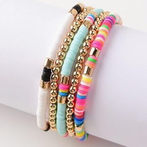 Colorful Heishi Clay Beaded Bracelet Stack with Gold Accent Stretch Bracelets